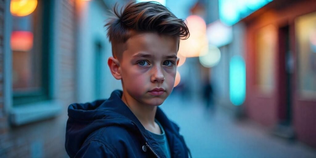 Teen boy with low taper fade and brushed forward hairstyle in casual setting, romantic background.