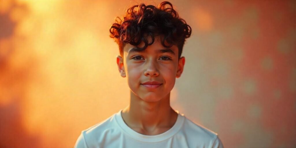 Teen boy with thick curly fringe and taper fade hairstyle, looking natural in a romantic setting.