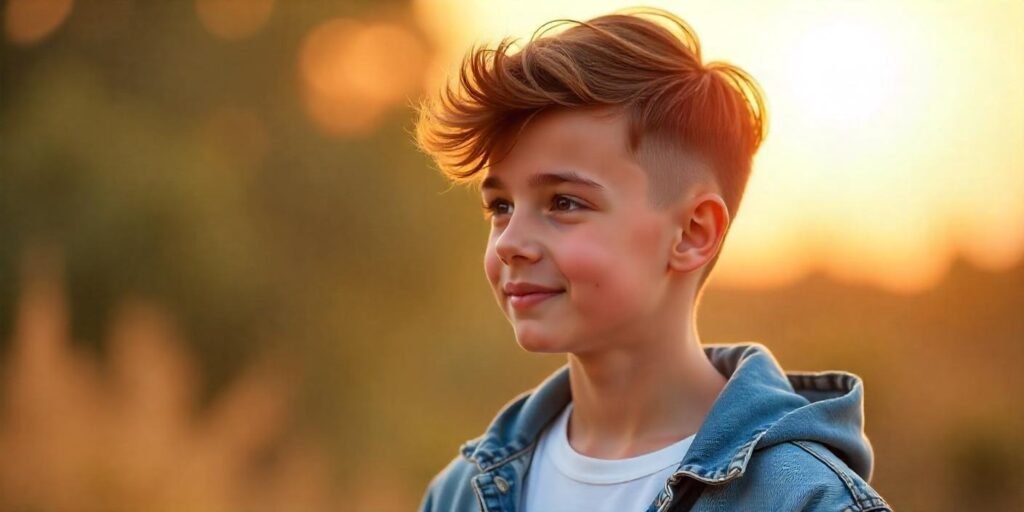 Teen boy with fluffy fringe and low taper fade hairstyle, wearing denim jacket with romantic outdoor background.