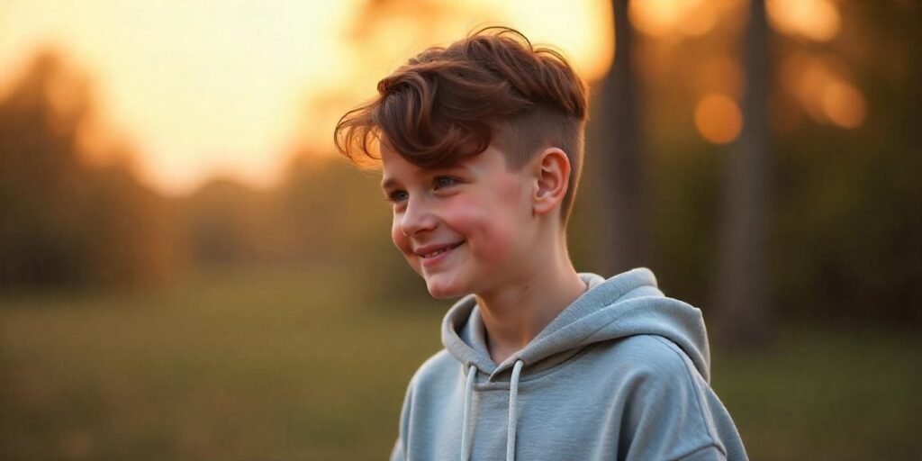 Teen boy with medium flow off-center part haircut, styled with matte pomade, casual look.
