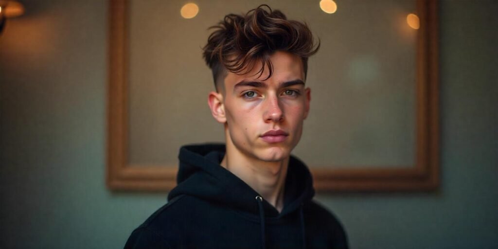 Teen boy with short spiky hair and mid skin fade in a romantic background.