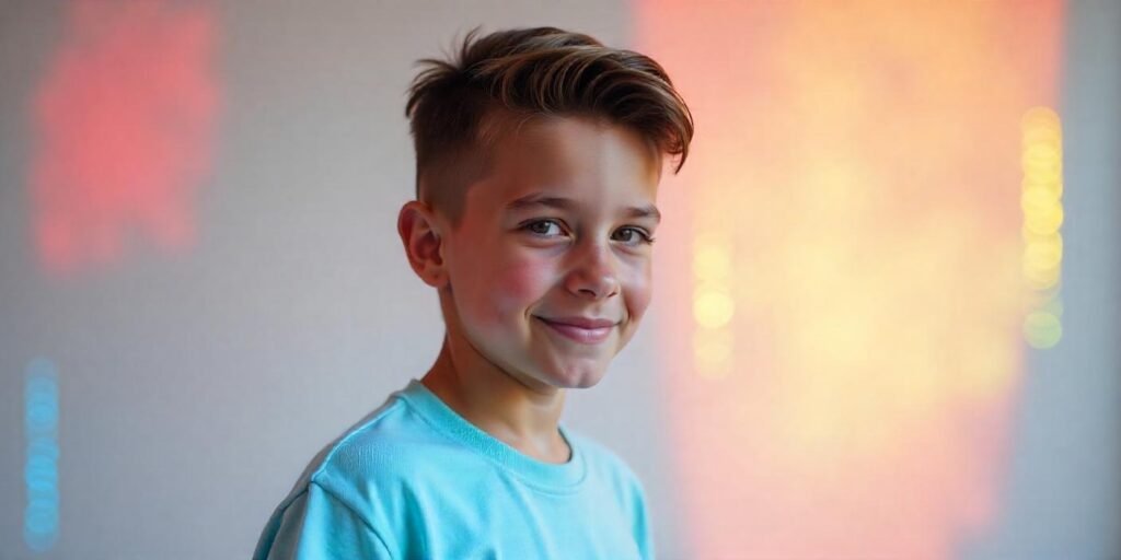 Teen boy with side-swept hairstyle, tapered sides, dressed in light blue shirt, romantic background.