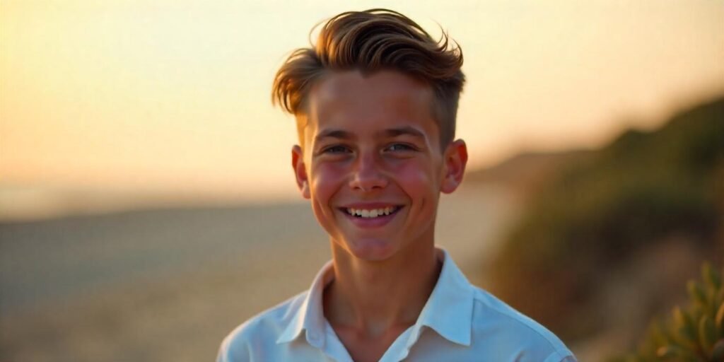 Teen boy with a flowing slick back hairstyle in a casual white shirt, captured in a romantic sunset setting.