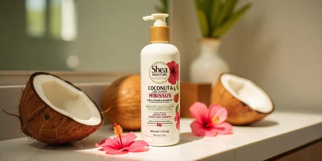 Shea Moisture Coconut & Hibiscus Curl & Shine Hair Shampoo bottle surrounded by tropical coconut