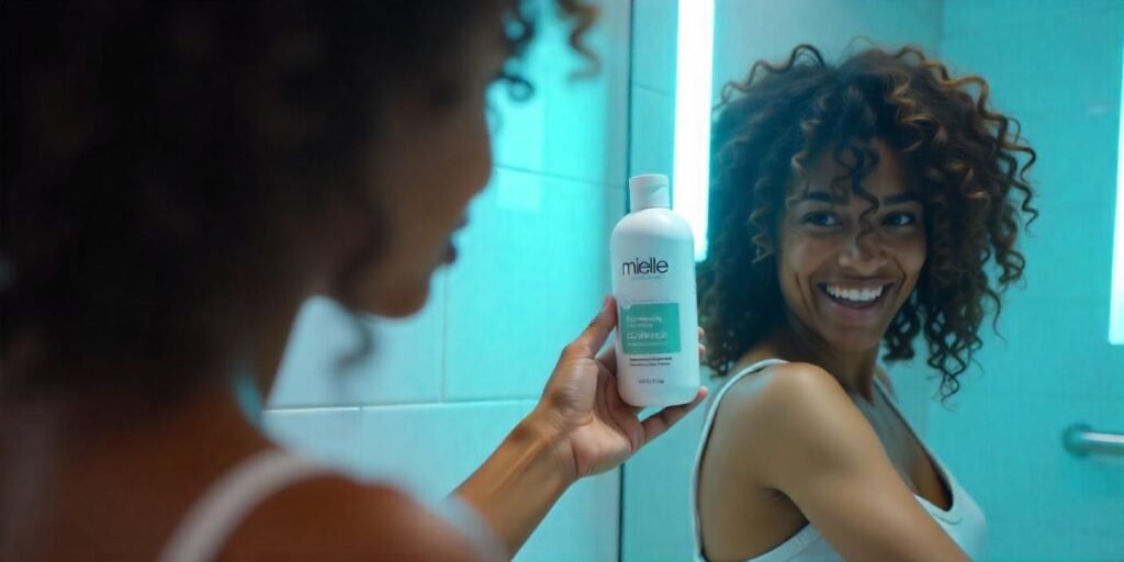 Realistic photo of Mielle Detangling Co-Wash being applied to curly hair in a modern bathroom setting