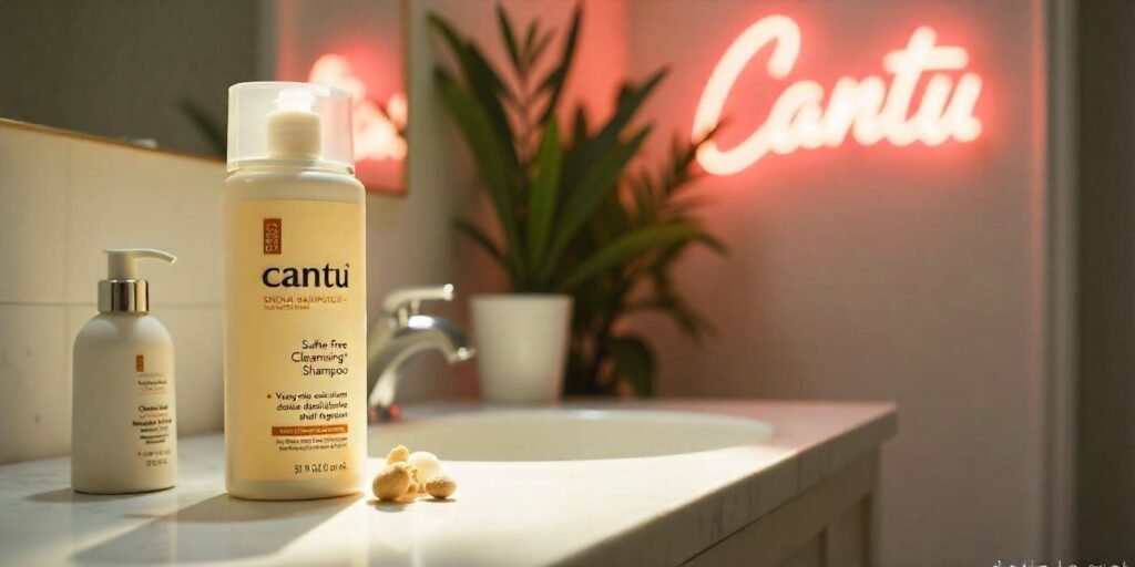 Realistic image of Cantu Shea Butter Sulfate-Free Cleansing Cream Shampoo on a bathroom countertop