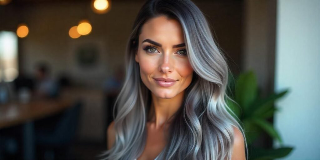 A woman with smokey grey ombre hair featuring a smooth dark-to-light gradient.