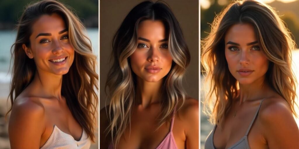 Collage showing smokey grey ombre on straight, wavy, and curly hair types.