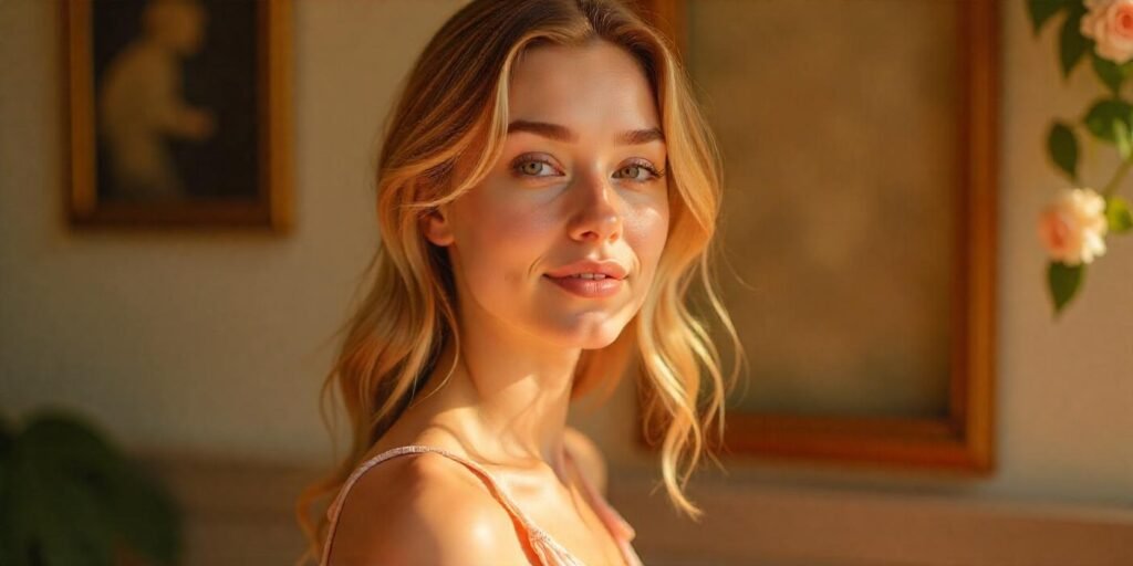Young woman with butterscotch blonde hair, wearing a pink dress, in a romantic setting.