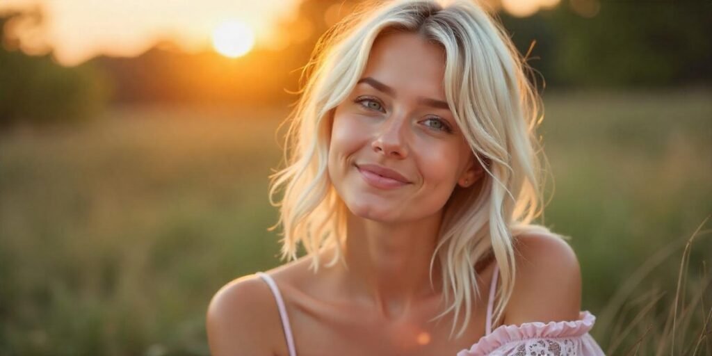 Realistic image of a woman with ice blonde hair color in a romantic outdoor setting, wearing a pastel pink dress.