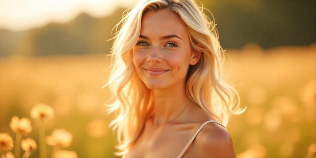 Realistic butter blonde hair with golden undertones and ash blonde highlights, soft natural glow.