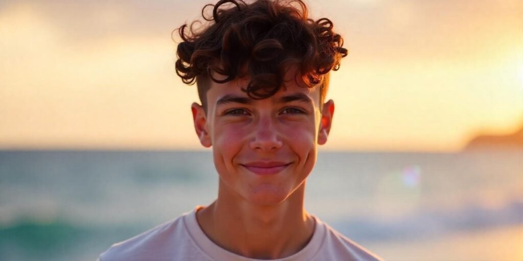 Teen boy with short curly hair and low burst fade hairstyle, wearing a casual outfit