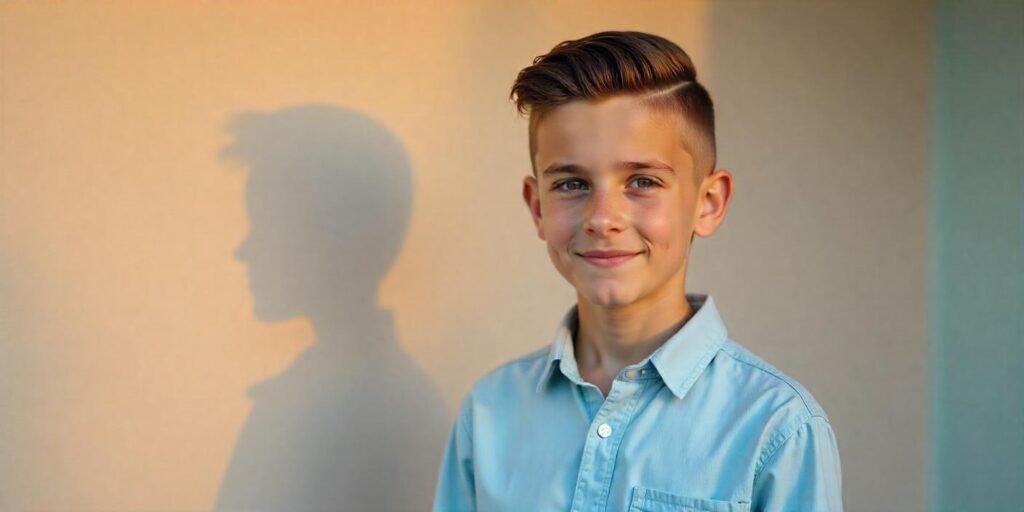 Teen boy with slicked-back undercut hairstyle, realistic neck, and casual light blue shirt