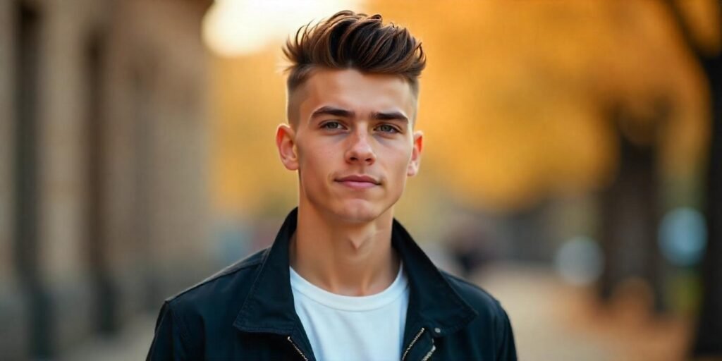 Teen boy with modern quiff hairstyle and mid-low skin fade, styled with volume and height
