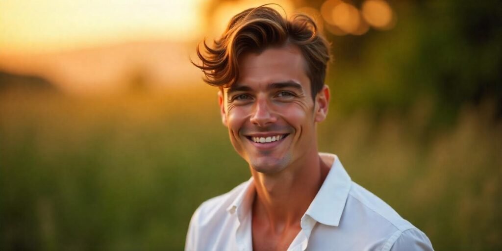 Realistic image of a young man with tousled textured medium haircut, casual white shirt in romantic setting