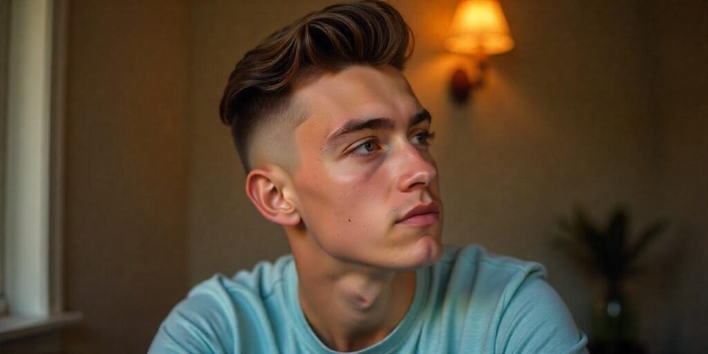 Teen boy with hard part comb over and taper fade hairstyle, casual light blue shirt, natural look
