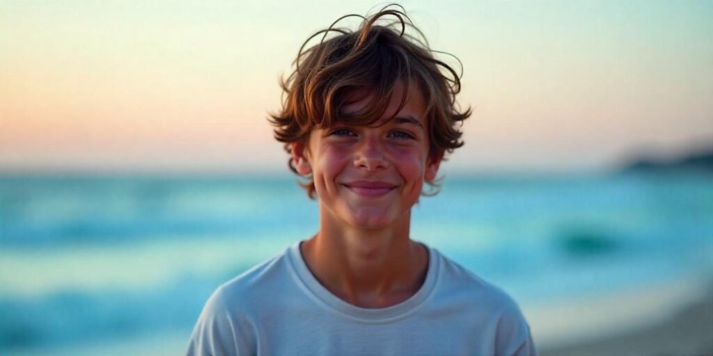 Teen boy with tousled waves hairstyle in a romantic sunset background, relaxed and natural look.