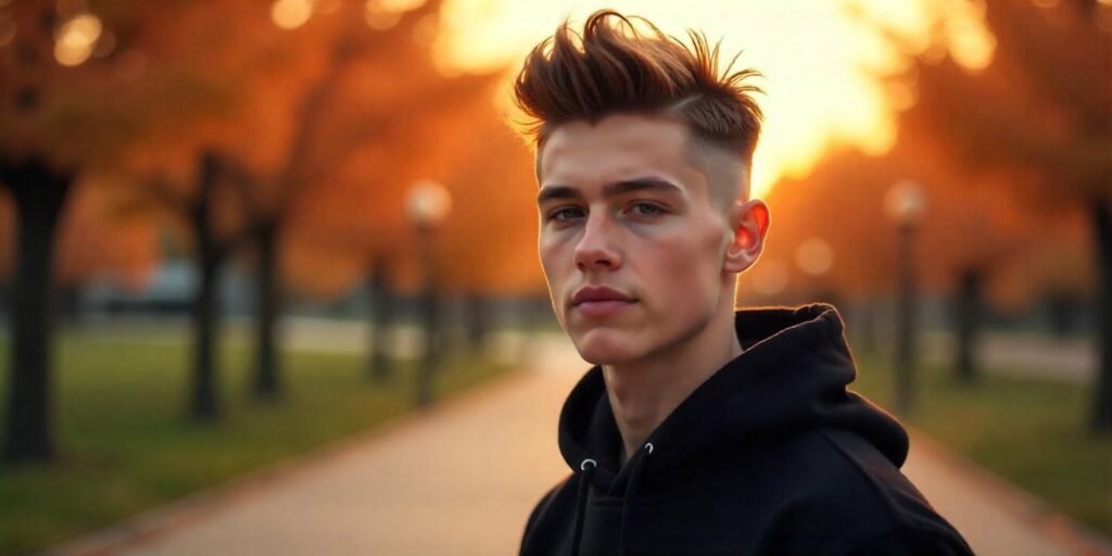 Teen boy with short spiked hair and mid fade hairstyle, casual black hoodie, natural facial features, romantic background.