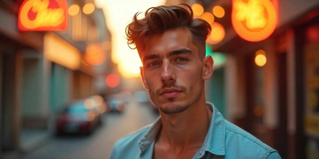 Realistic photo of a young man with a cool brush forward taper fade hairstyle, casual style,