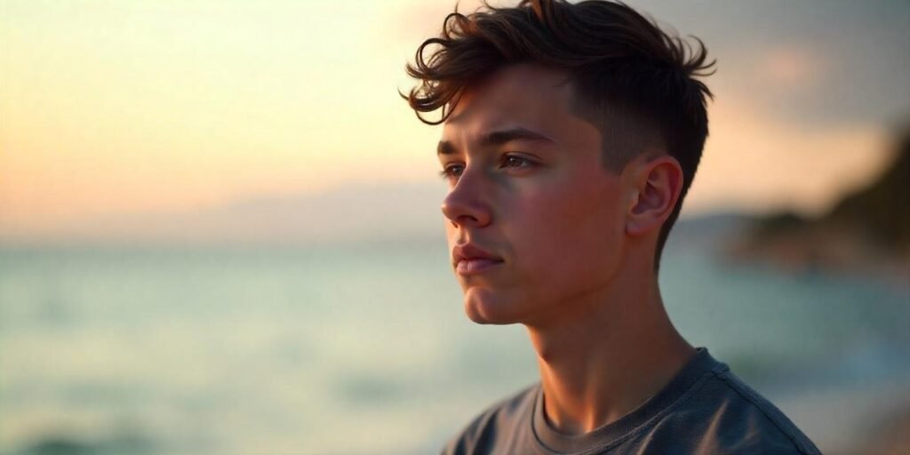Teen boy with textured French crop and mid fade hairstyle, casual t-shirt,
