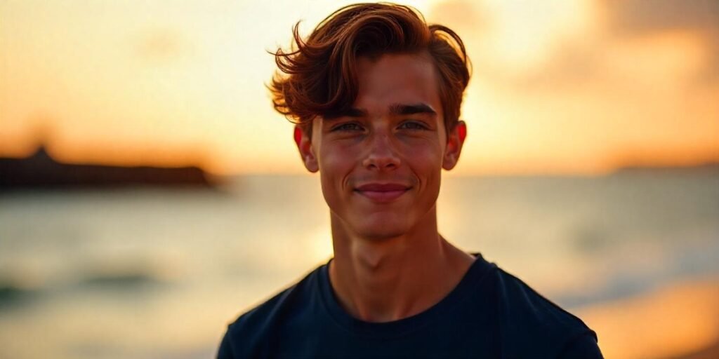 Teen boy with slicked-back flow hairstyle and curtain bangs in a romantic outdoor setting.