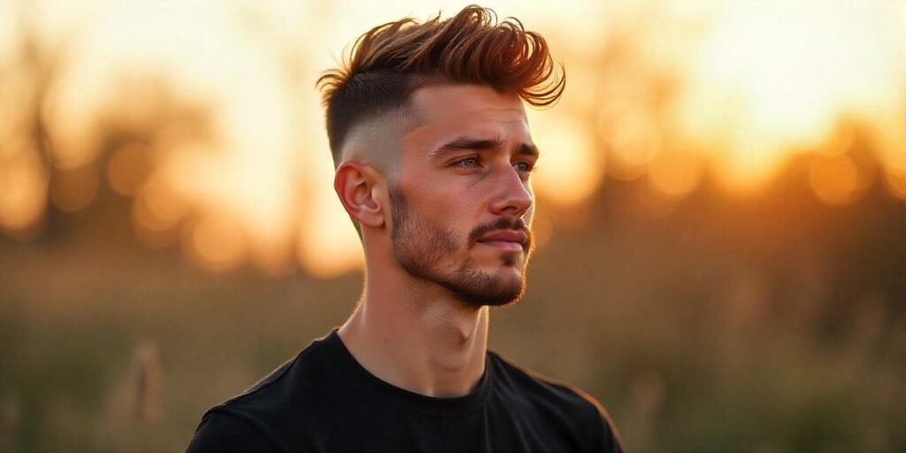 Young man with modern shaggy fade haircut and textured layers, casual black T-shirt, romantic outdoor background