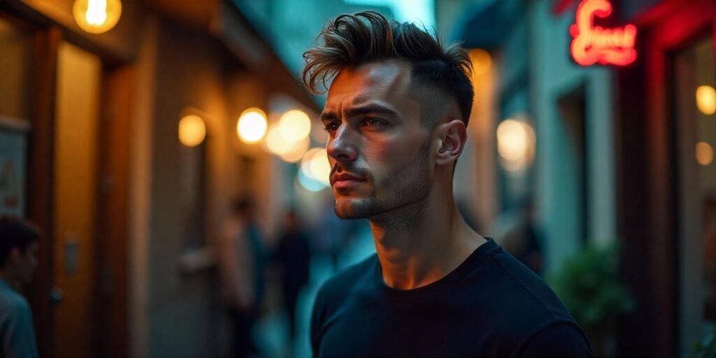 Young man with shaggy mod haircut and textured layers, wearing a casual dark shirt in a romantic setting.