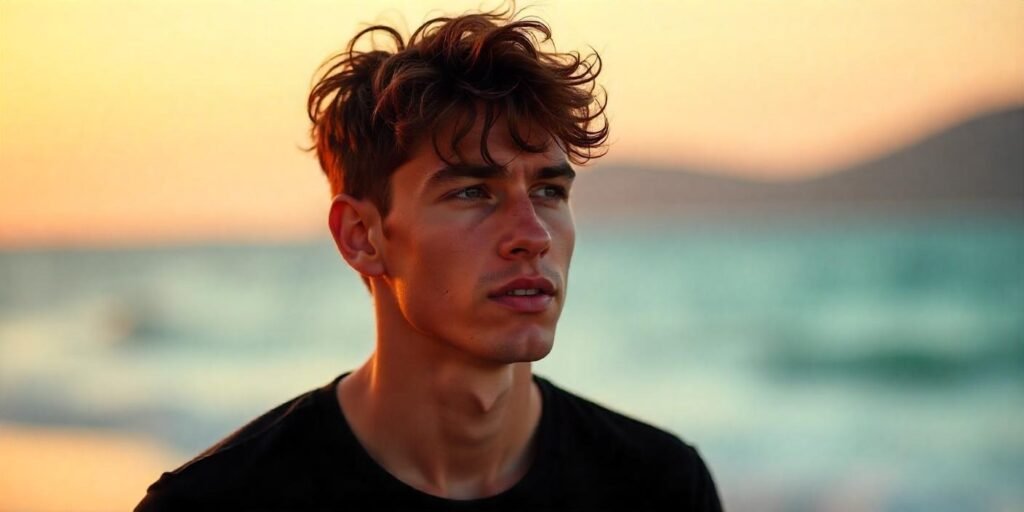 "Realistic image of a young man with edgy short shaggy hair and faded sides, relaxed confident expression, romantic background."