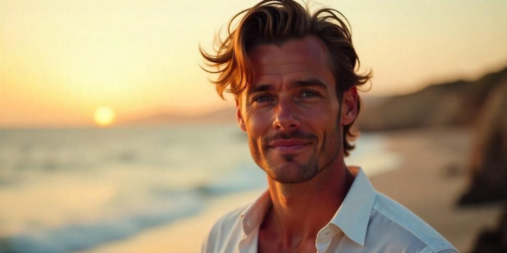 Realistic photo of a man with tousled shag haircut, styled for a trendy yet casual look in a romantic setting.