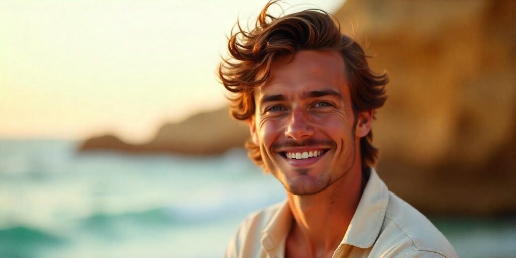 A man with textured, wavy shaggy hairstyle, wearing a light beige shirt, and a relaxed expression, against a romantic background.