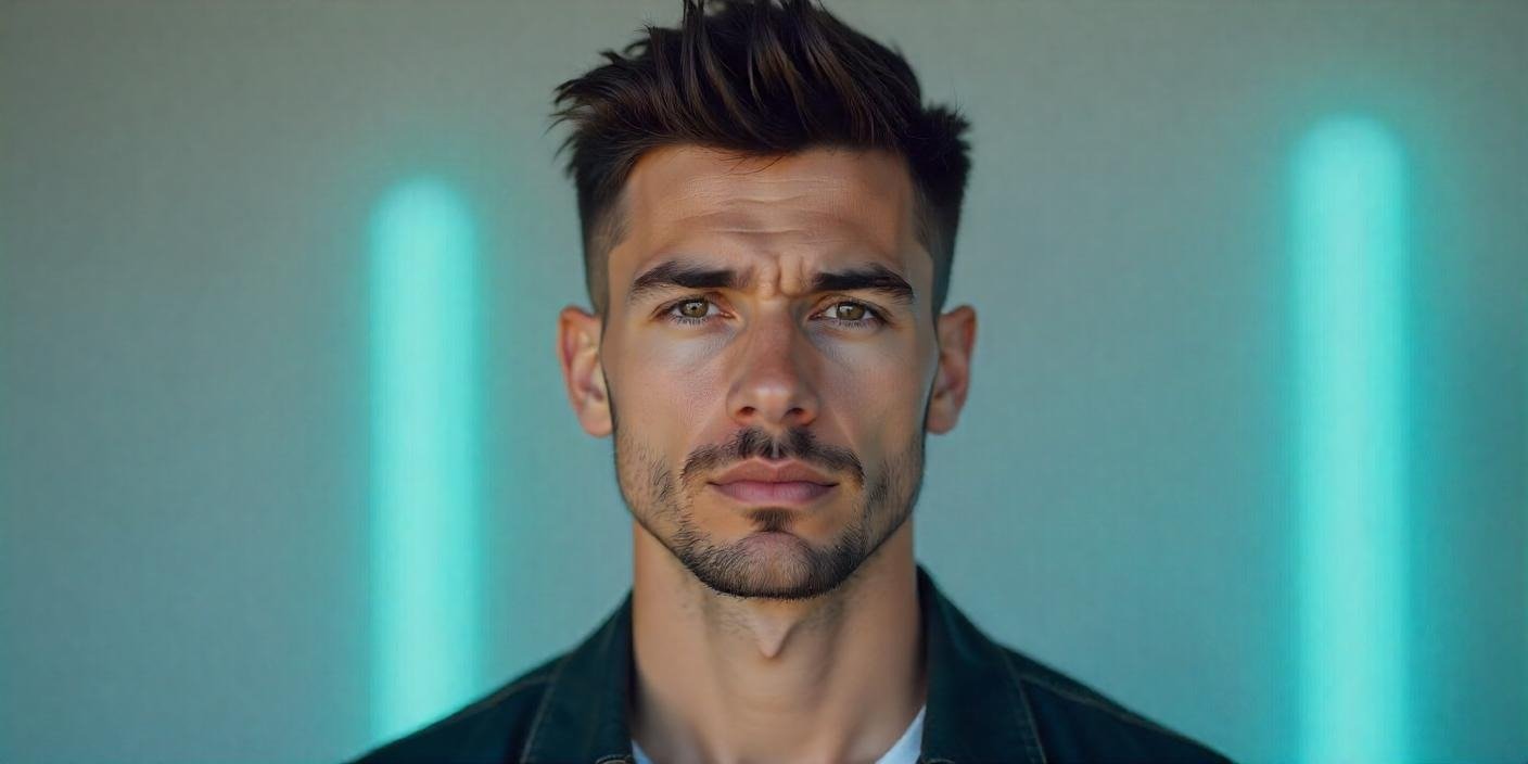 Man with textured hairstyle, featuring volume on sides and short top,